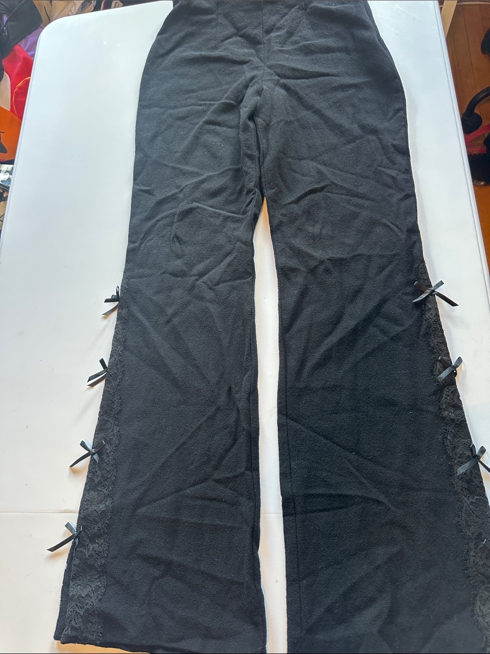Escada Black Lace-Trim Flare Pants with Side Bows